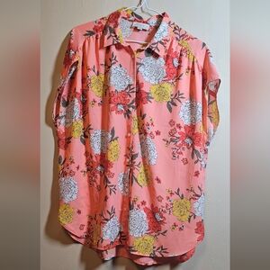 NWOT-LOFT Pink Floral Button Down Sleeveless Blouse,Large
